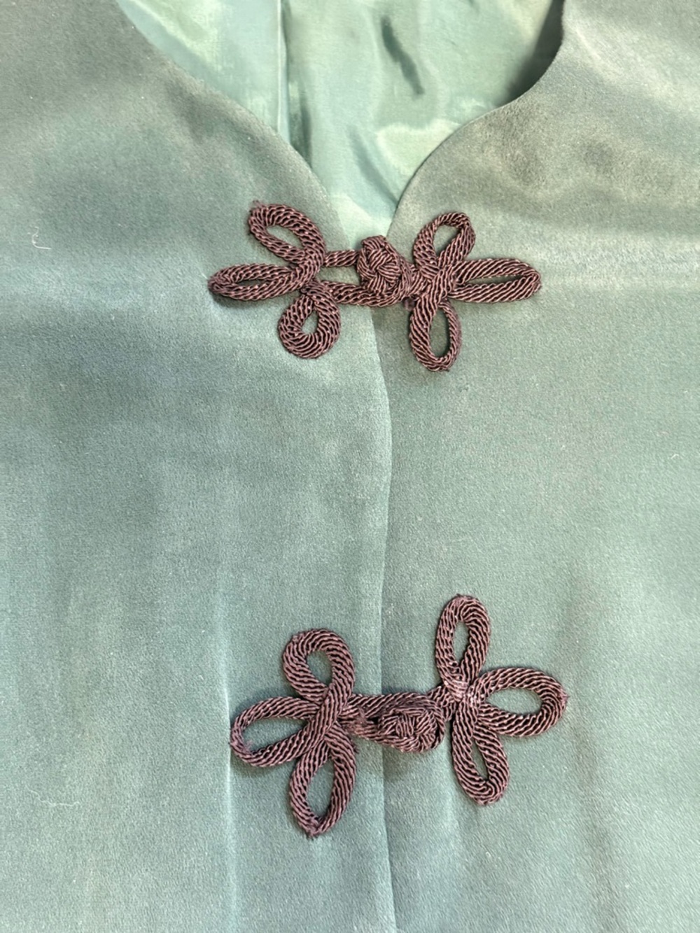 VTG. 100% Silk Green Jacket Mandarin Buttons Padded Shoulders Oversized Lined - Picture 4 of 7